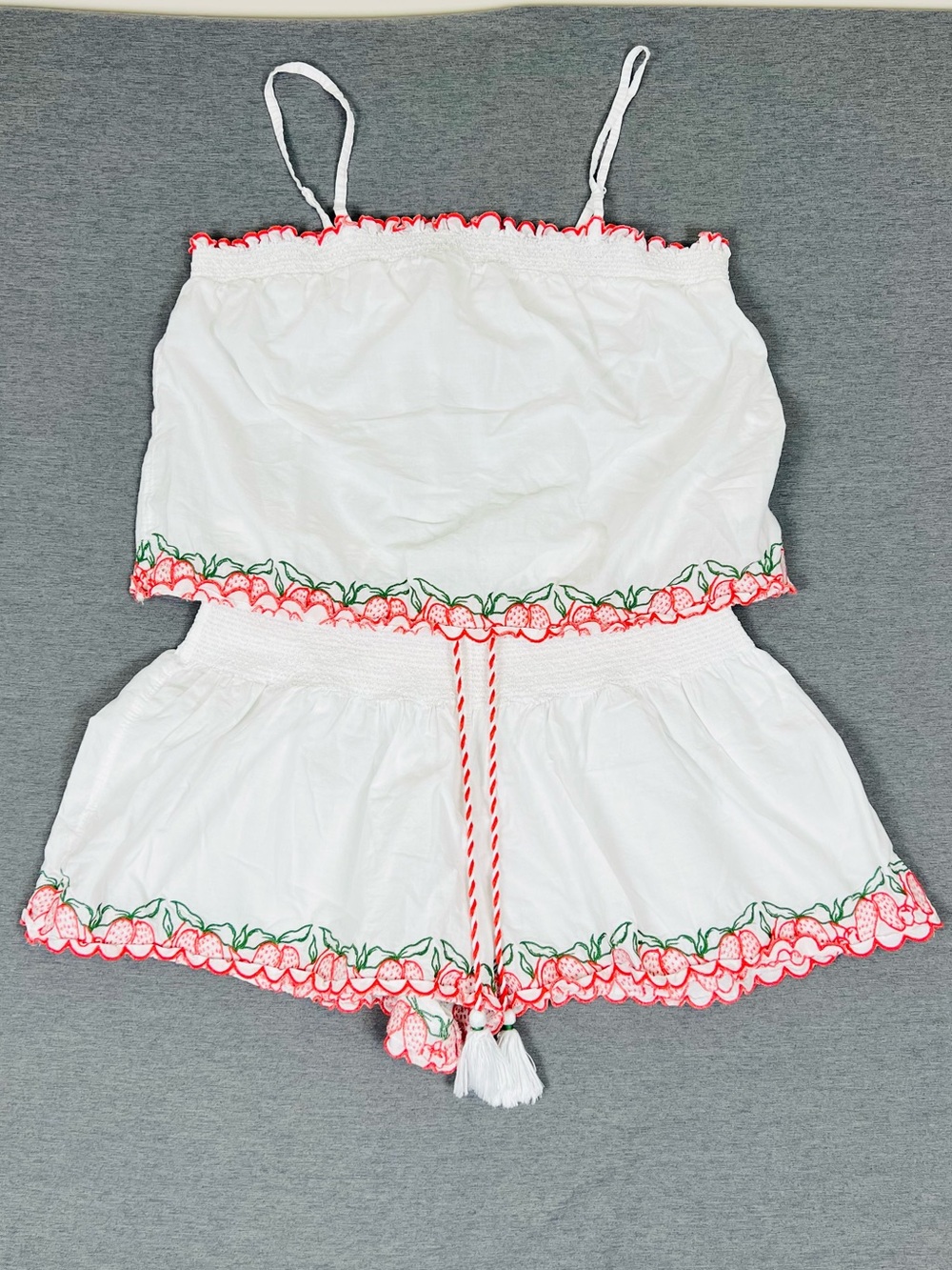 Joie 2pc White Two Piece Set with Red Embroidered Trim